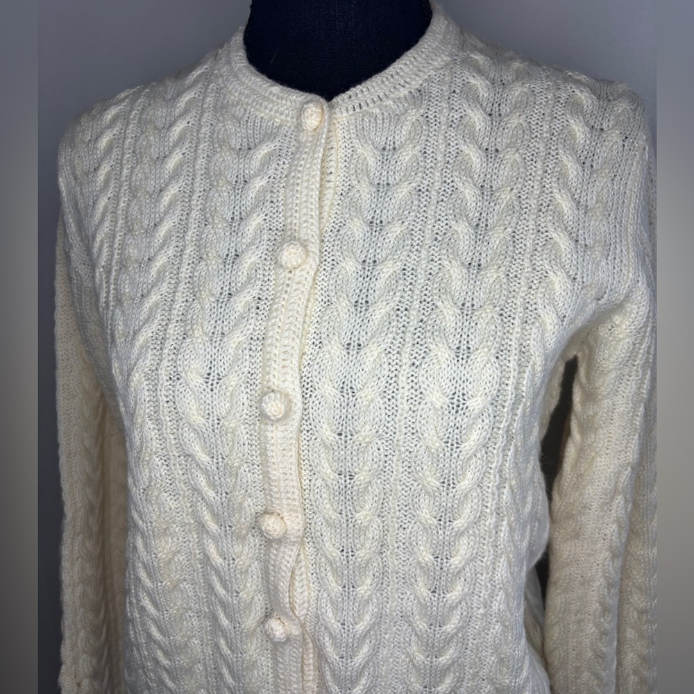 Vintage Robert Scott 100% Wool Cable Knit Fisherman Button Up Sweater SZ Med - Picture 2 of 5